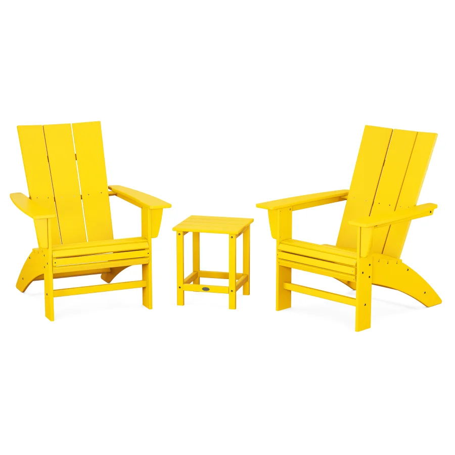 POLYWOOD Modern 3-Piece Curveback Adirondack Set with Long Island 18" Side Table in Lemon