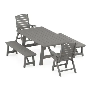 POLYWOOD Nautical Folding Highback Chair 5-Piece Rustic Farmhouse Dining Set With Benches