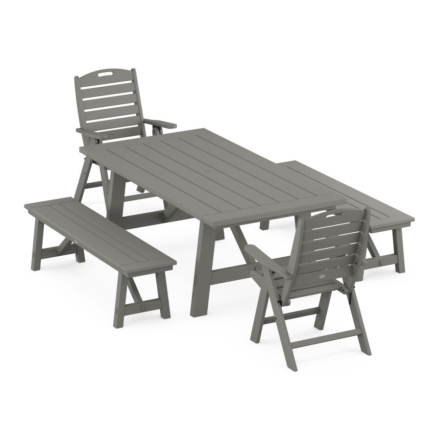 POLYWOOD Nautical Folding Highback Chair 5-Piece Rustic Farmhouse Dining Set With Benches