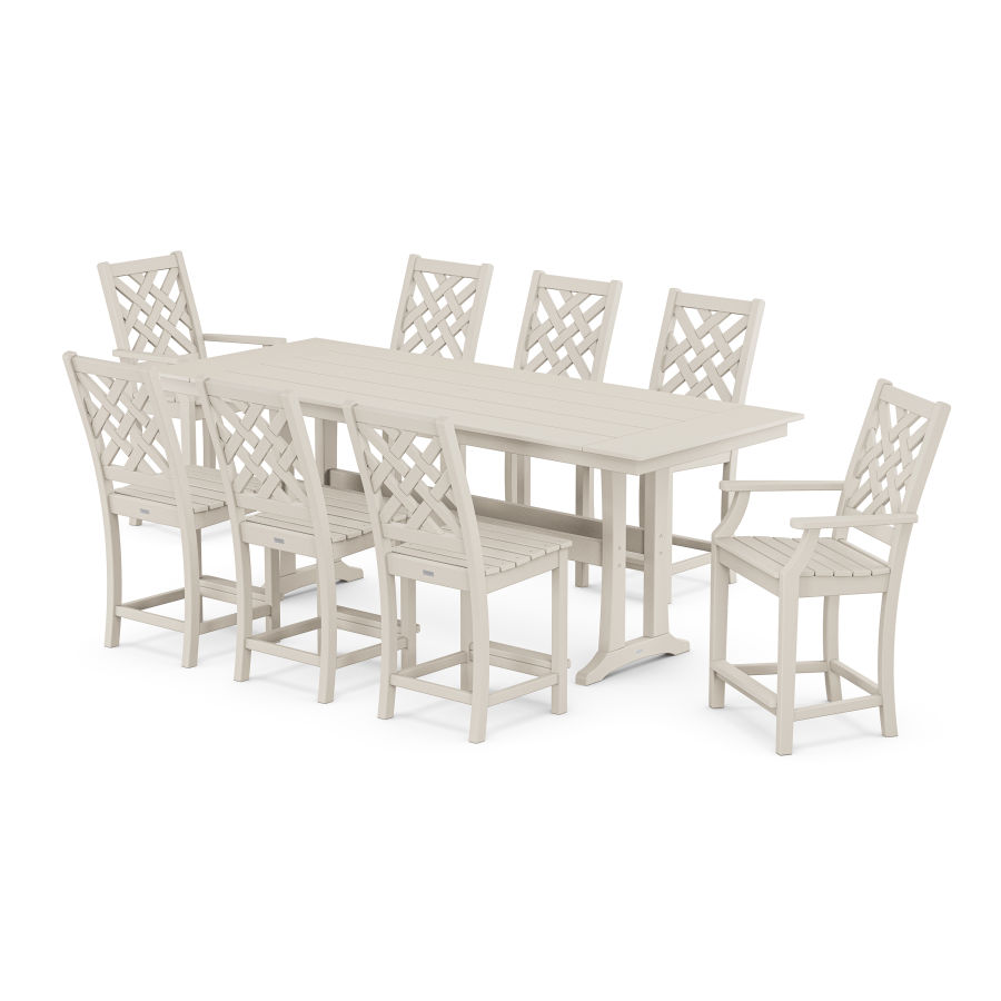 POLYWOOD Wovendale 9-Piece Farmhouse Counter Set with Trestle Legs in Sand