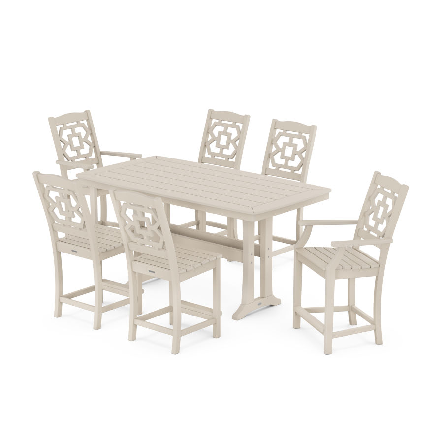 POLYWOOD Chinoiserie 7-Piece Counter Set with Trestle Legs in Sand