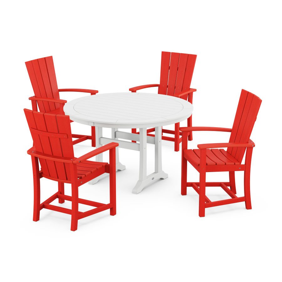 POLYWOOD Quattro 5-Piece Round Dining Set with Trestle Legs in Sunset Red / White
