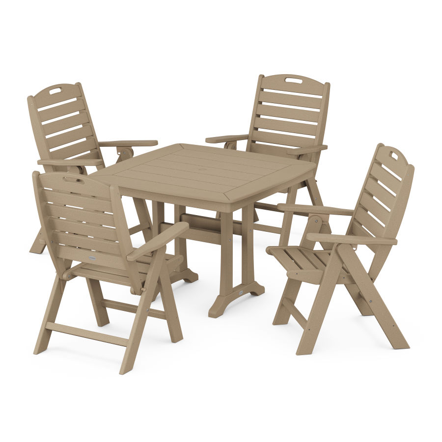 POLYWOOD Nautical Folding Highback Chair 5-Piece Dining Set with Trestle Legs in Vintage Sahara