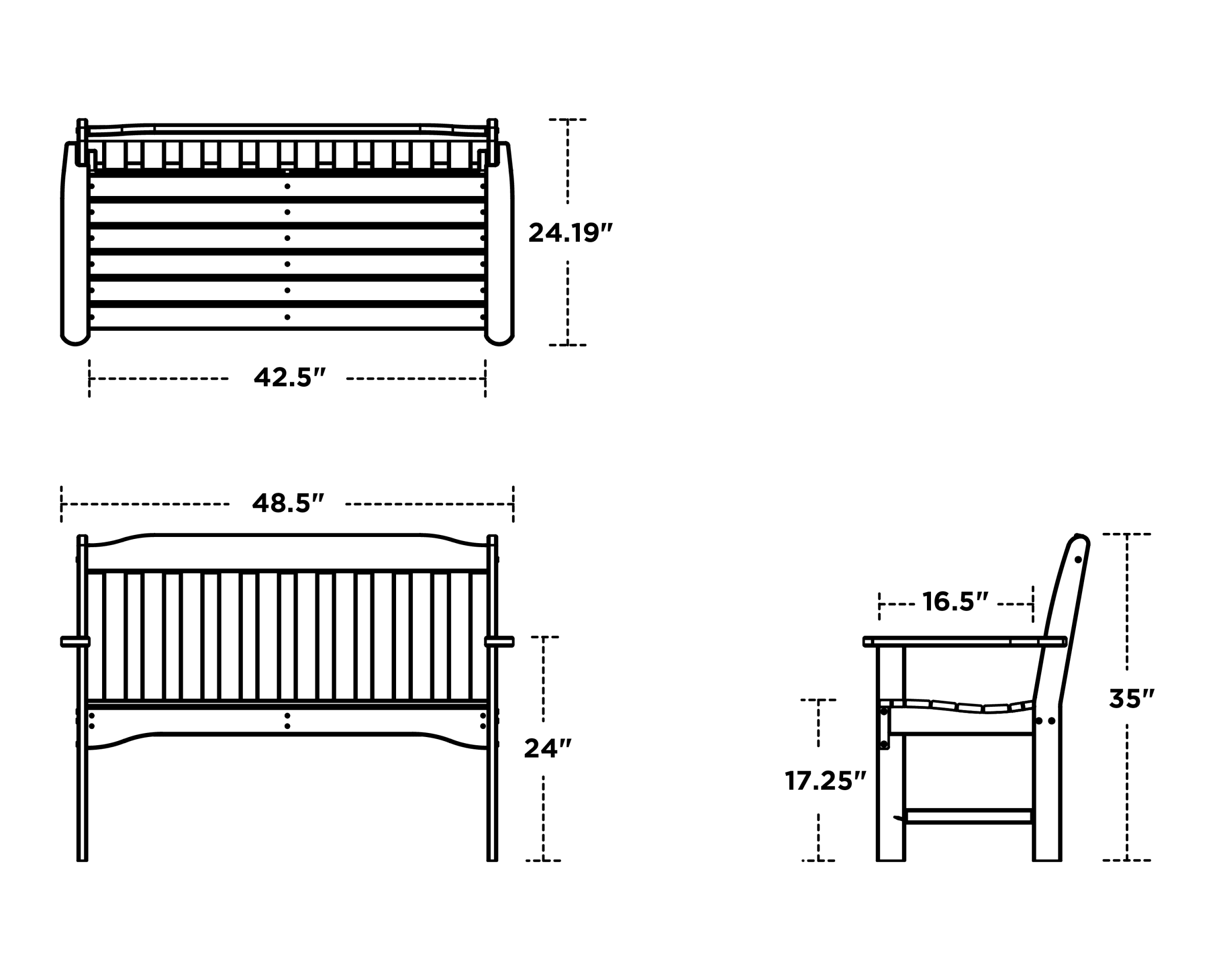 Dimensions for Cottage 48" Bench