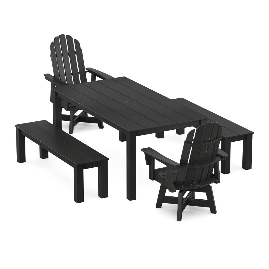 POLYWOOD Vineyard Curveback Adirondack 5-Piece Parsons Swivel Dining Set with Benches in Black