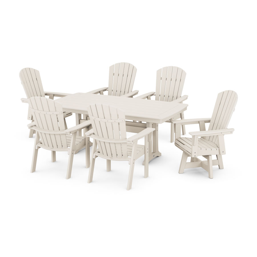 POLYWOOD Nautical Curveback Adirondack Swivel Chair 7-Piece Dining Set with Trestle Legs in Sand