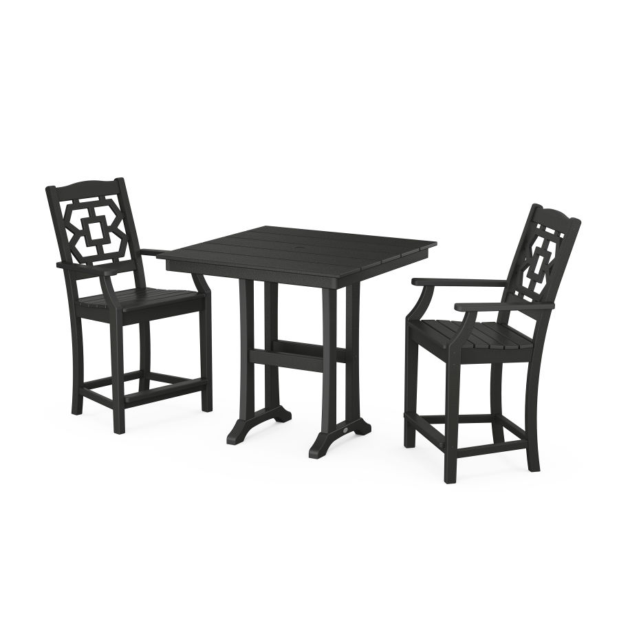POLYWOOD Chinoiserie 3-Piece Farmhouse Counter Set with Trestle Legs in Black