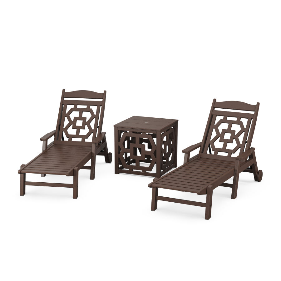 POLYWOOD Chinoiserie 3-Piece Chaise Set with Umbrella Stand Accent Table in Mahogany