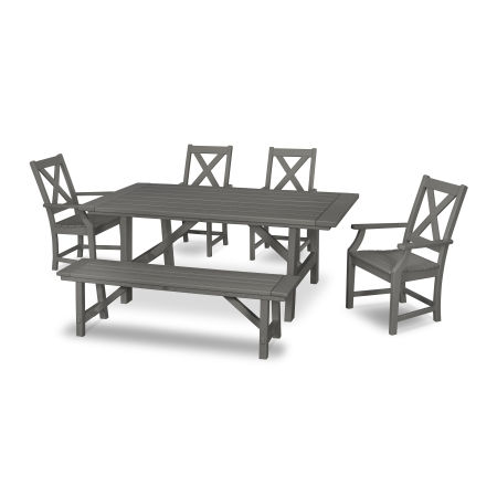 Braxton 6-Piece Rustic Farmhouse Arm Chair Dining Set with Bench in Slate Grey