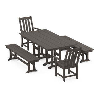 Vineyard 5-Piece Farmhouse Dining Set with Benches in Vintage Finish