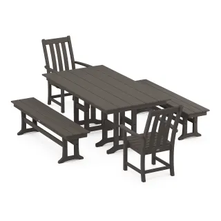 POLYWOOD Vineyard 5-Piece Farmhouse Dining Set with Benches in Vintage Finish