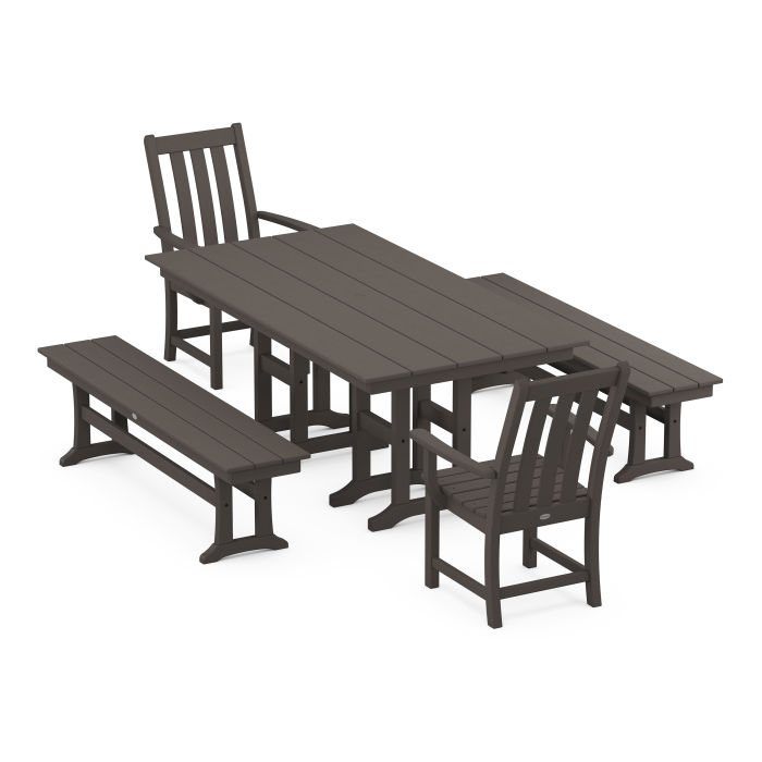 POLYWOOD Vineyard 5-Piece Farmhouse Dining Set with Benches in Vintage Finish