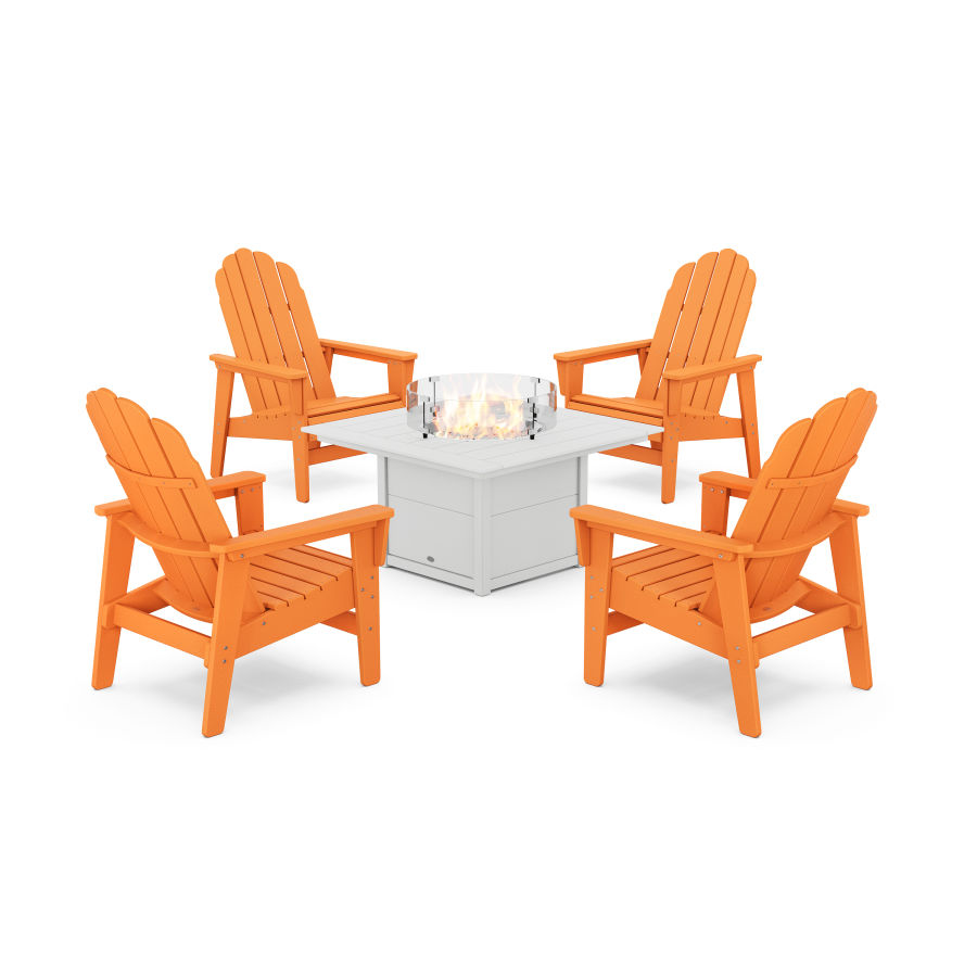 POLYWOOD 5-Piece Vineyard Grand Upright Adirondack Conversation Set with Fire Pit Table in Tangerine / White