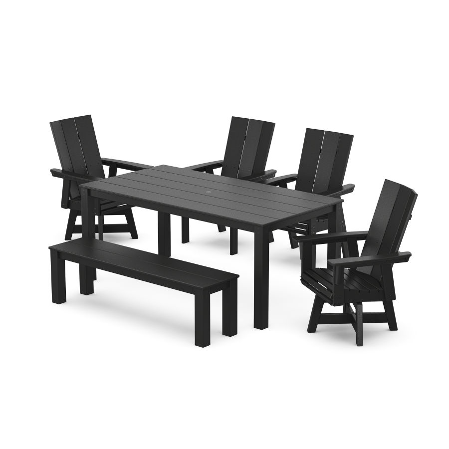 POLYWOOD Modern Curveback Adirondack 6-Piece Parsons Swivel Dining Set with Bench in Black
