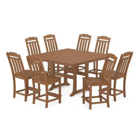 Country Living 9-Piece Square Farmhouse Side Chair Counter Set with Trestle Legs in Teak