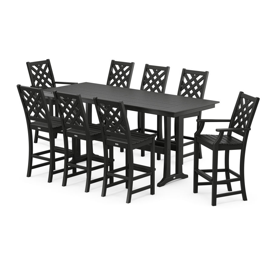 POLYWOOD Wovendale 9-Piece Farmhouse Bar Set with Trestle Legs in Black