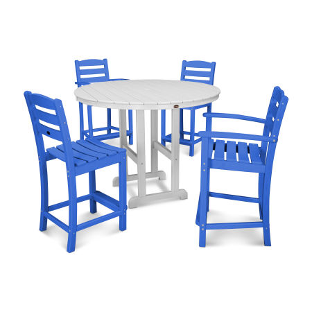 POLYWOOD La Casa Café 5-Piece Round Farmhouse Counter Dining Set in Pacific Blue / White