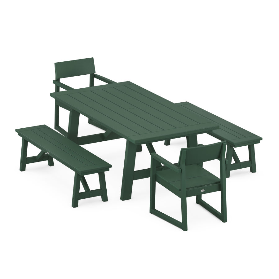 POLYWOOD EDGE 5-Piece Rustic Farmhouse Dining Set With Trestle Legs in Green