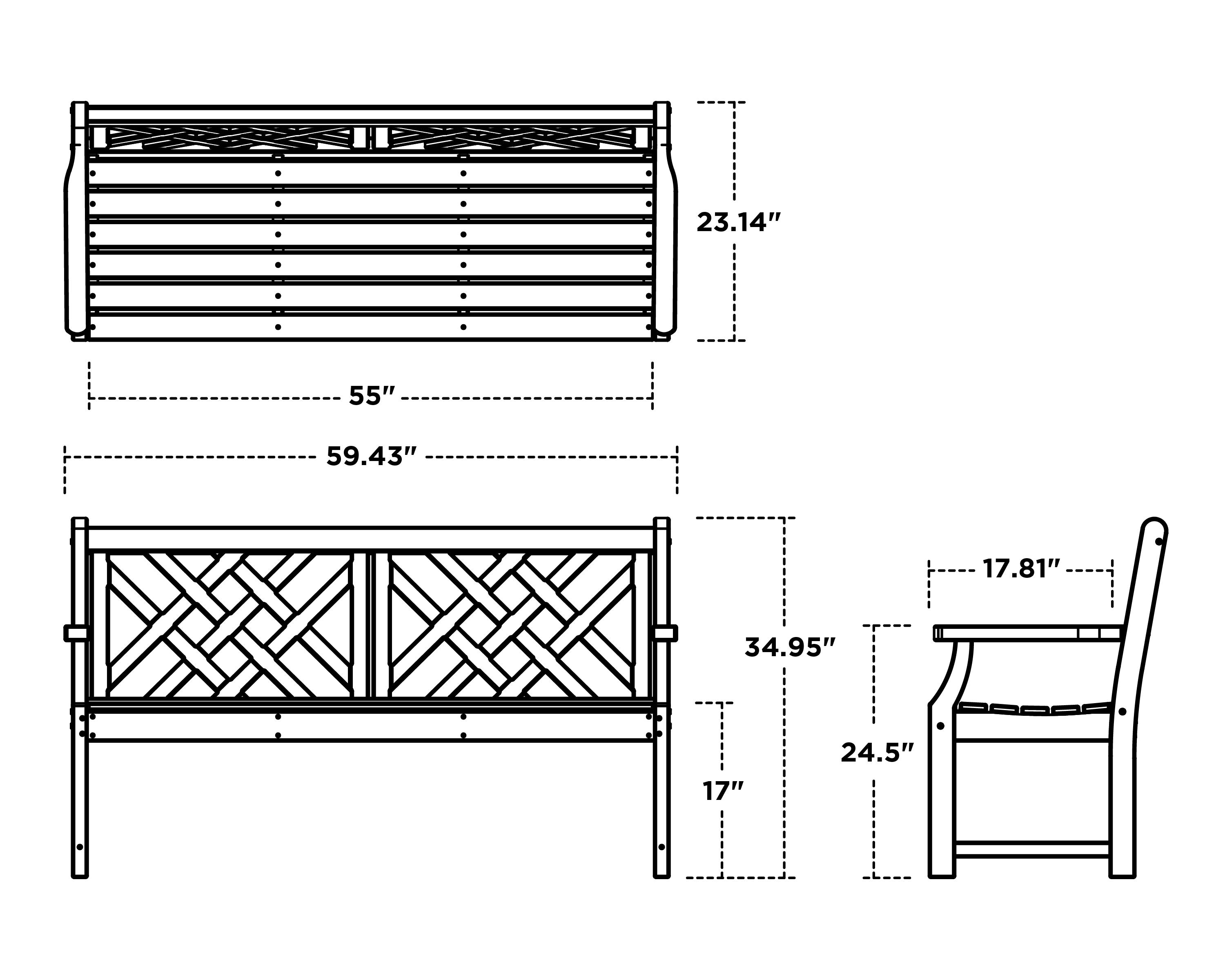 Dimensions for Wovendale 60" Bench