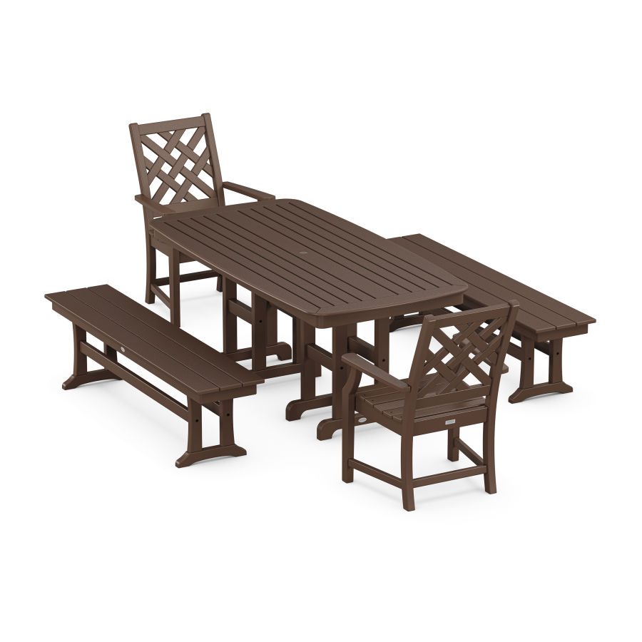 POLYWOOD Wovendale 5-Piece Dining Set with Benches in Mahogany