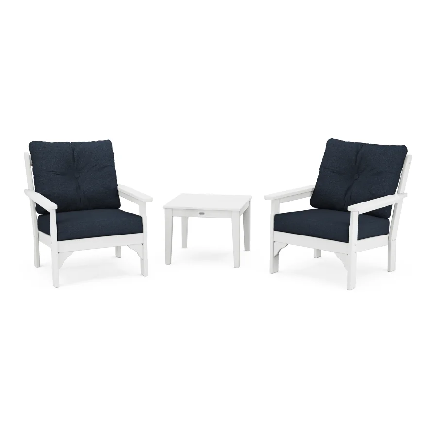 POLYWOOD Vineyard 3-Piece Deep Seating Set in White / Marine Indigo