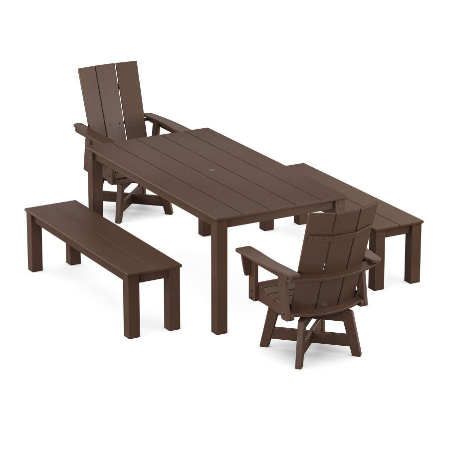 POLYWOOD Modern Curveback Adirondack 5-Piece Parsons Swivel Dining Set with Benches in Mahogany