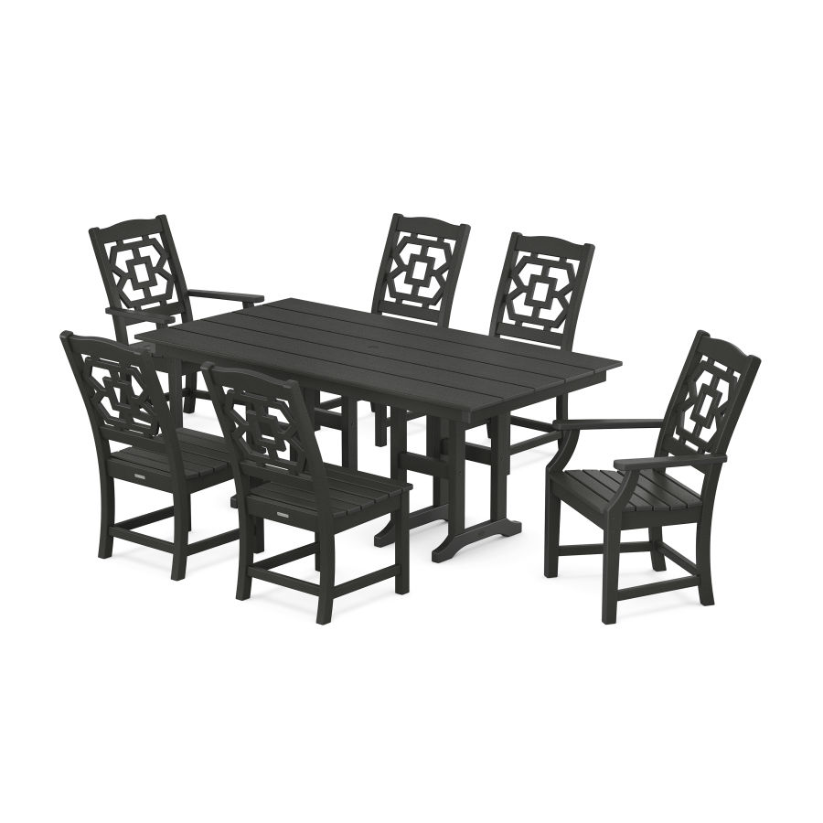 POLYWOOD Chinoiserie 7-Piece Farmhouse Dining Set in Black