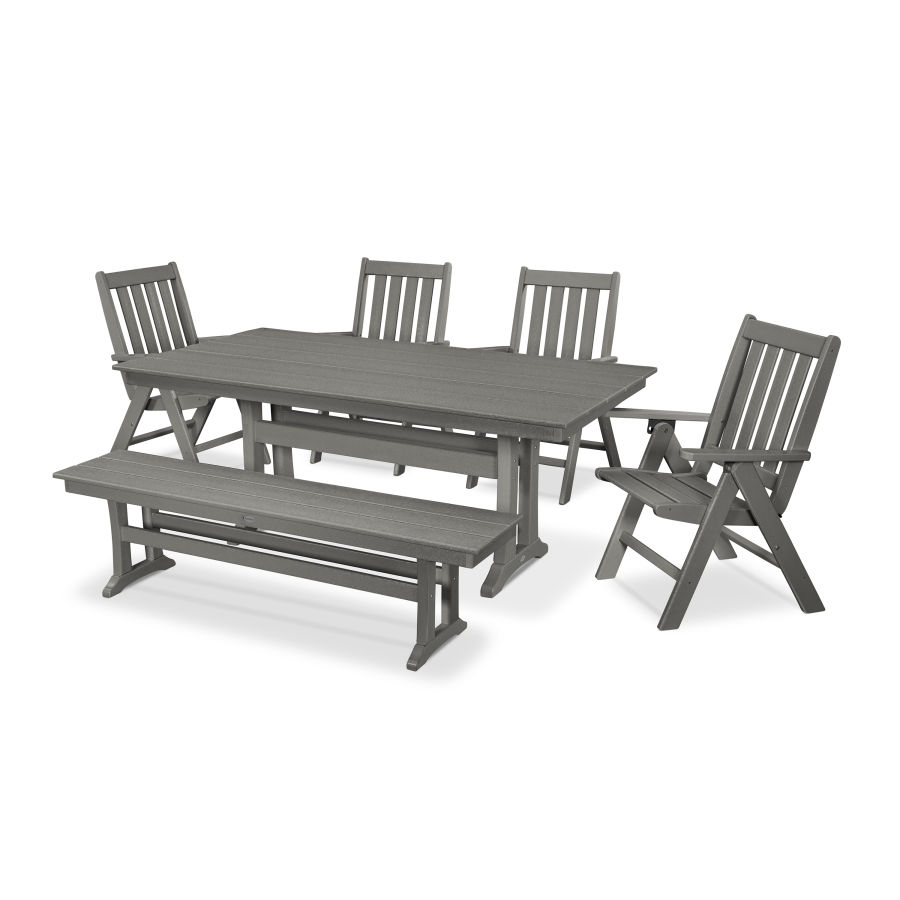 POLYWOOD Vineyard 6-Piece Farmhouse Folding Dining Set with Bench in Slate Grey