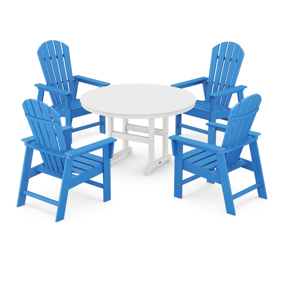 POLYWOOD South Beach 5-Piece Round Farmhouse Dining Set in Pacific Blue / White
