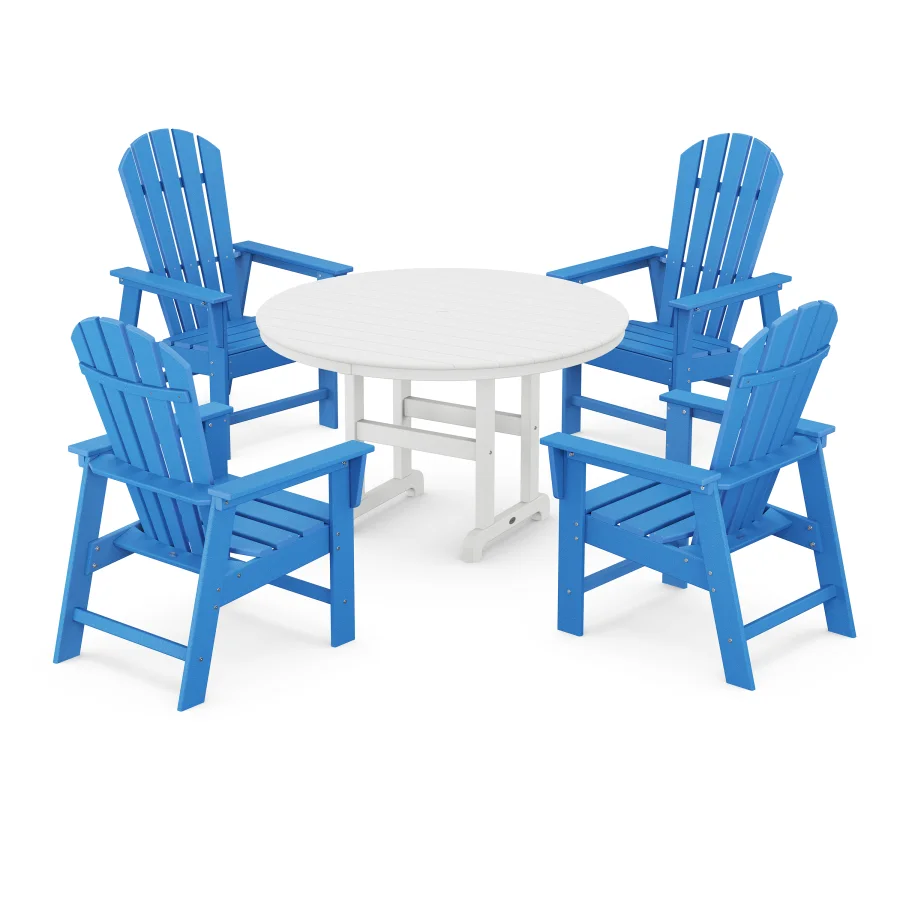 POLYWOOD South Beach 5-Piece Round Farmhouse Dining Set in Pacific Blue / White