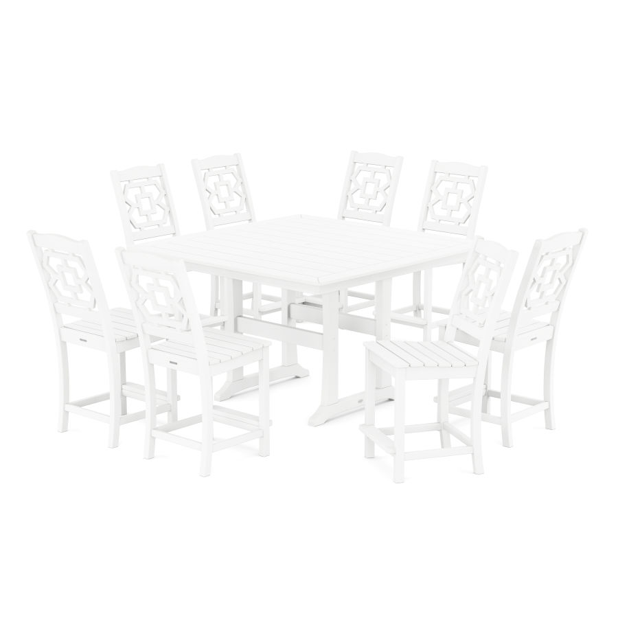 POLYWOOD Chinoiserie 9-Piece Square Side Chair Counter Set with Trestle Legs in White