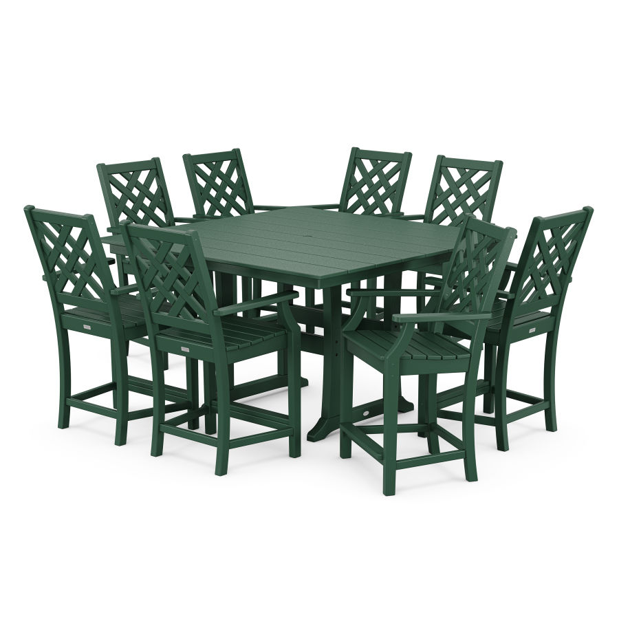 POLYWOOD Wovendale 9-Piece Square Farmhouse Counter Set with Trestle Legs in Green