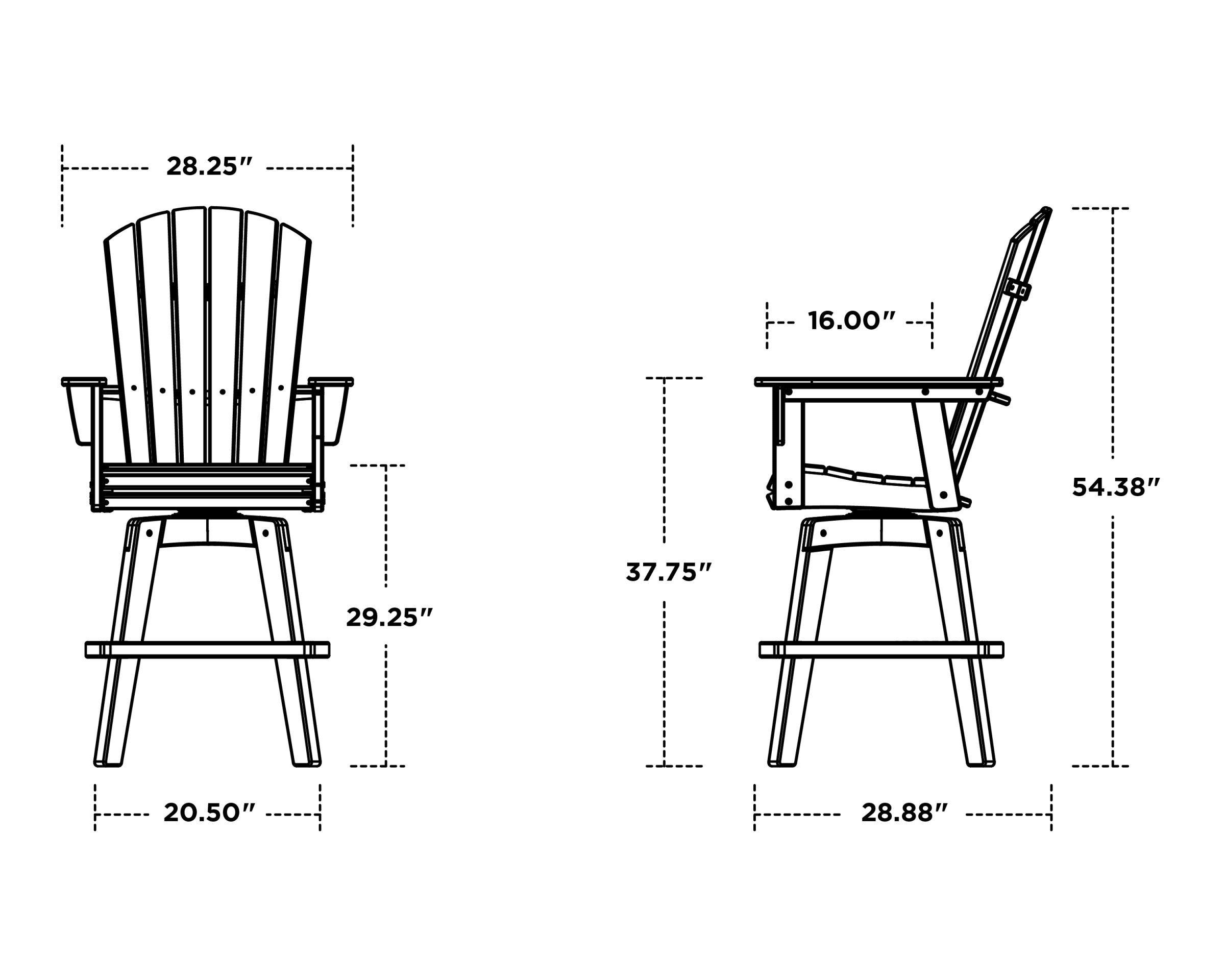 Dimensions for Nautical Curveback Adirondack Swivel Bar Chair