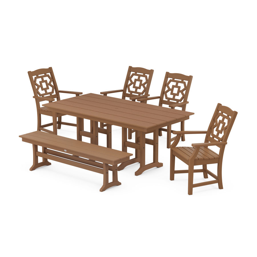POLYWOOD Chinoiserie 6-Piece Farmhouse Dining Set with Bench in Teak