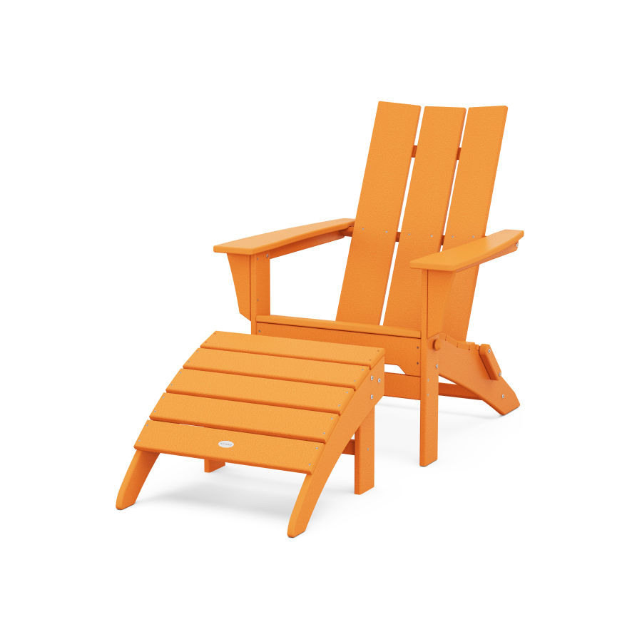 POLYWOOD Modern Folding Adirondack Chair 2-Piece Set with Ottoman in Tangerine