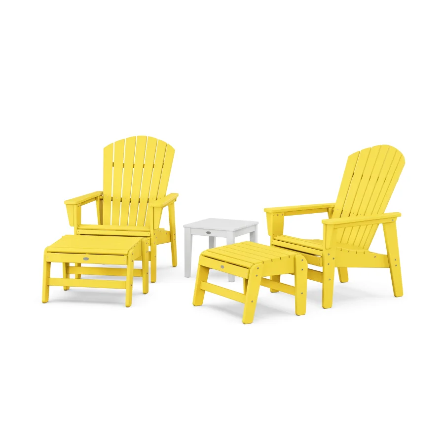 POLYWOOD 5-Piece Nautical Grand Upright Adirondack Set with Ottomans and Side Table in Lemon / White