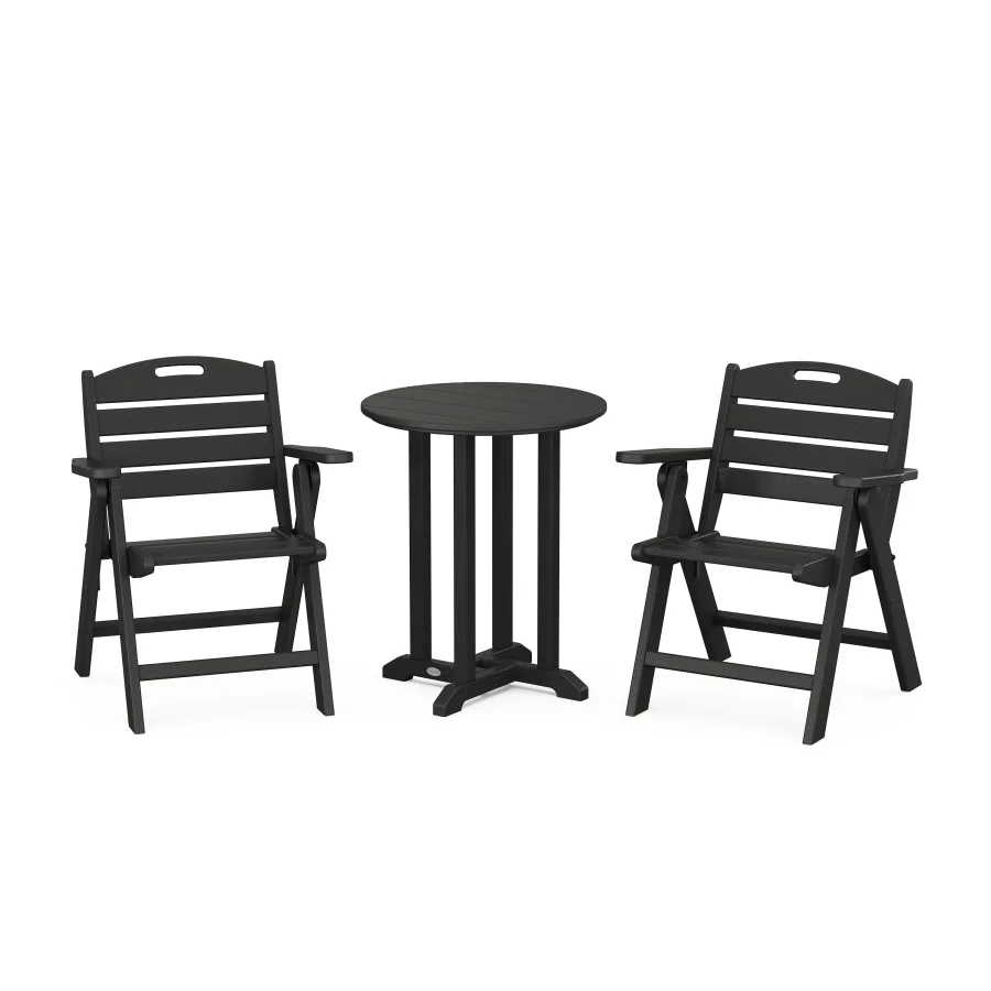 POLYWOOD Nautical Folding Lowback Chair 3-Piece Round Bistro Dining Set in Black