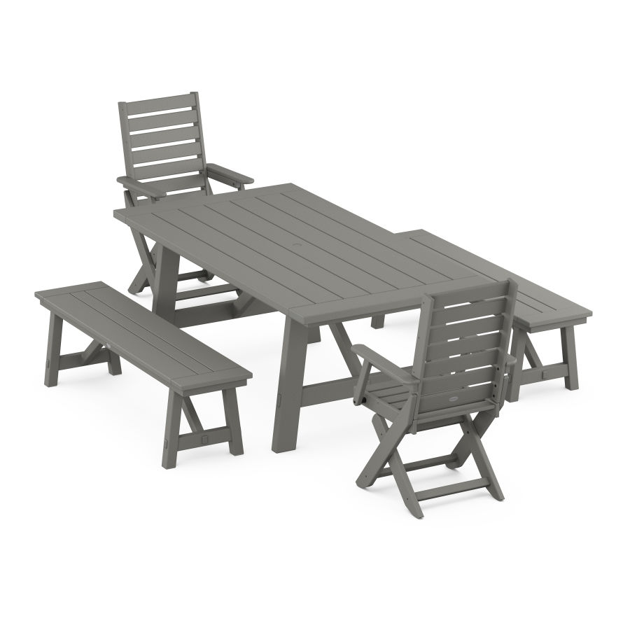 POLYWOOD Captain Folding Chair 5-Piece Rustic Farmhouse Dining Set With Benches