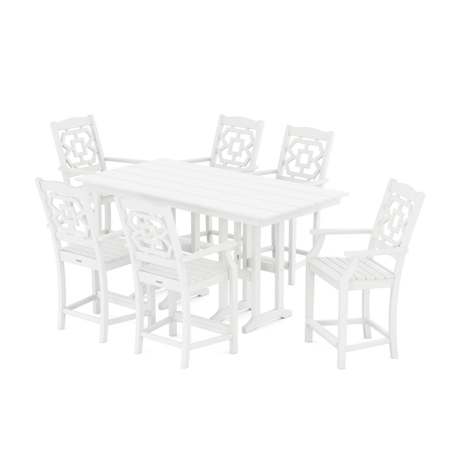 POLYWOOD Chinoiserie Arm Chair 7-Piece Farmhouse Counter Set in White