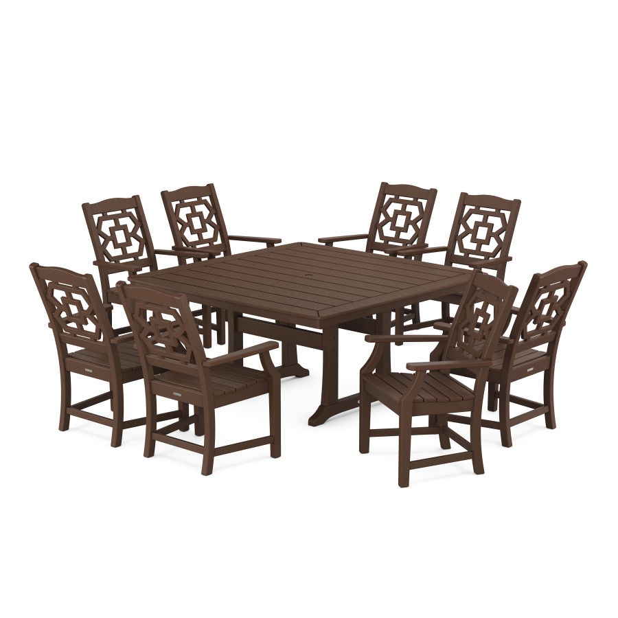POLYWOOD Chinoiserie 9-Piece Square Dining Set with Trestle Legs in Mahogany
