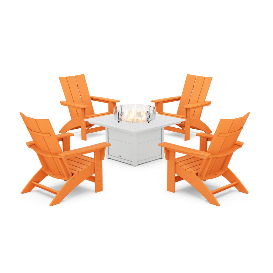POLYWOOD 5-Piece Modern Grand Adirondack Conversation Set with Fire Pit Table in Tangerine / White