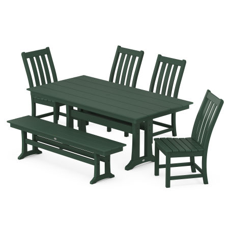 Vineyard 6-Piece Farmhouse Trestle Side Chair Dining Set with Bench in Green