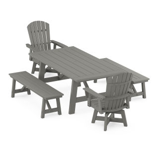 POLYWOOD Nautical Curveback Adirondack Swivel Chair 5-Piece Rustic Farmhouse Dining Set With Benches