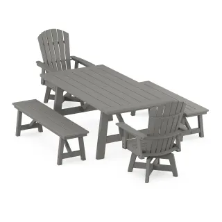 POLYWOOD Nautical Curveback Adirondack Swivel Chair 5-Piece Rustic Farmhouse Dining Set With Benches