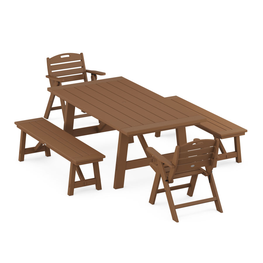 POLYWOOD Nautical Folding Lowback Chair 5-Piece Rustic Farmhouse Dining Set With Benches in Teak