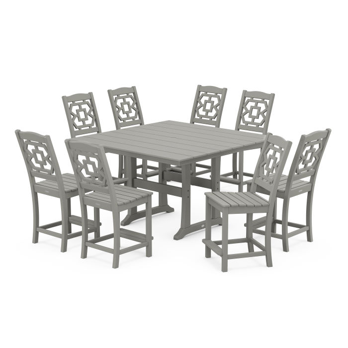 POLYWOOD Chinoiserie 9-Piece Square Farmhouse Side Chair Counter Set with Trestle Legs