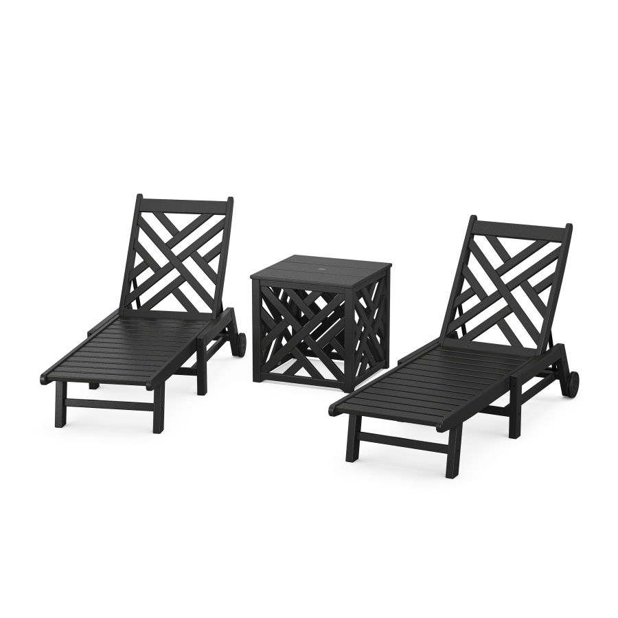 POLYWOOD Chippendale 3-Piece Chaise Set with Wheels and Umbrella Stand Accent Table in Black