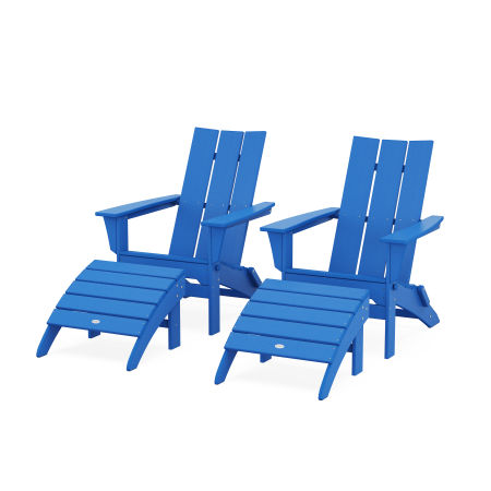 Modern Folding Adirondack Chair 4-Piece Set with Ottomans in Pacific Blue