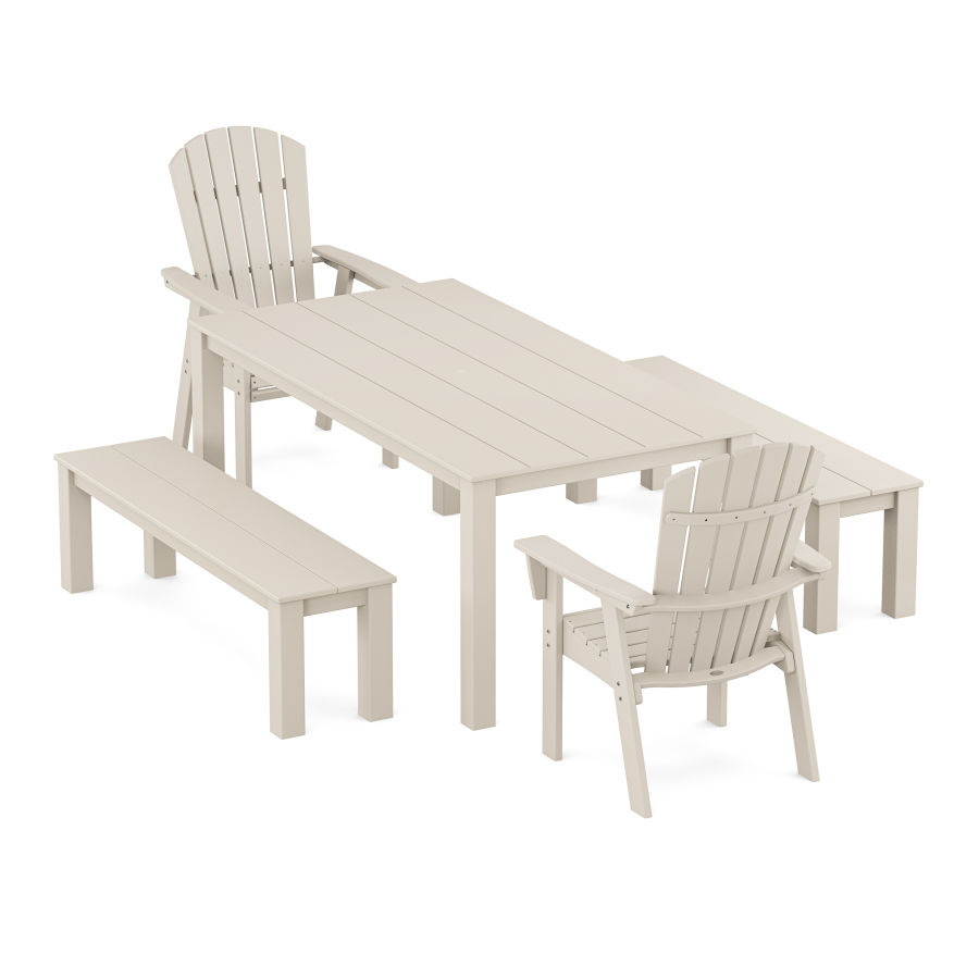 POLYWOOD Nautical Curveback Adirondack 5-Piece Parsons Dining Set with Benches in Sand