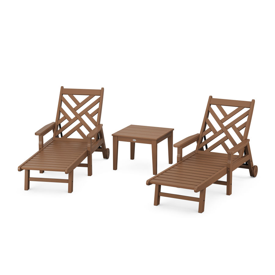 POLYWOOD Chippendale 3-Piece Chaise Set with Arms and Wheels in Teak